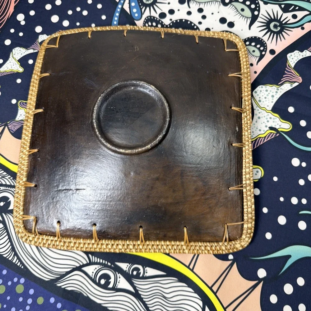 VTG Terracotta Square Centerpiece Plate Reed Trim Decor 9.5 Inches Brown BOHO